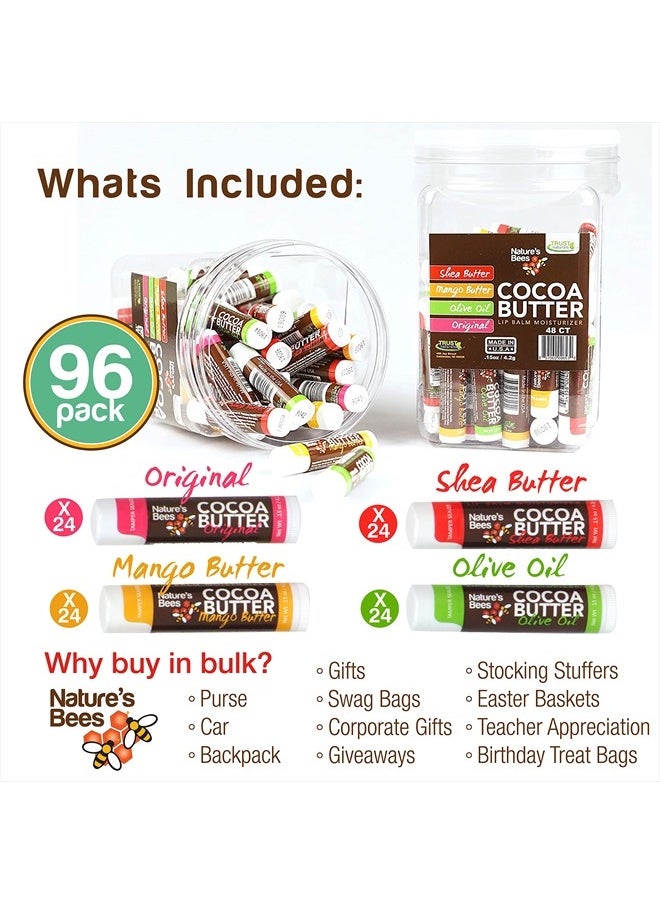 Nature's Bees - Cocoa Butter Lip Balm, Original, Shea Butter, Olive Oil and Mango, Bulk Lip Care Pack for Dry Lips, Made with Coconut Oil, Beeswax, Vitamin E, Aloe, 0.15 oz 4 Flavors, 96 Pack - Image 1