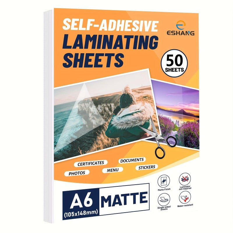 50 Sheets Self Adhesive Laminating Pouches No Heat Instant Seal A6 Size Matte Finish for Certificates Photos ID Badges Business Cards Portable Cold Glue Sheets DIY Binder Scrapbook - Image 1