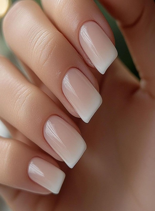 OFDNE Ombre Press on Nails Medium Square OFDNE Gradient Fake Nails Solid Colour False Nails White&Nude Glossy Glue on Nails Natural Nails Full Cover Acrylic Nails for Women Girls 24Pcs - Image 1