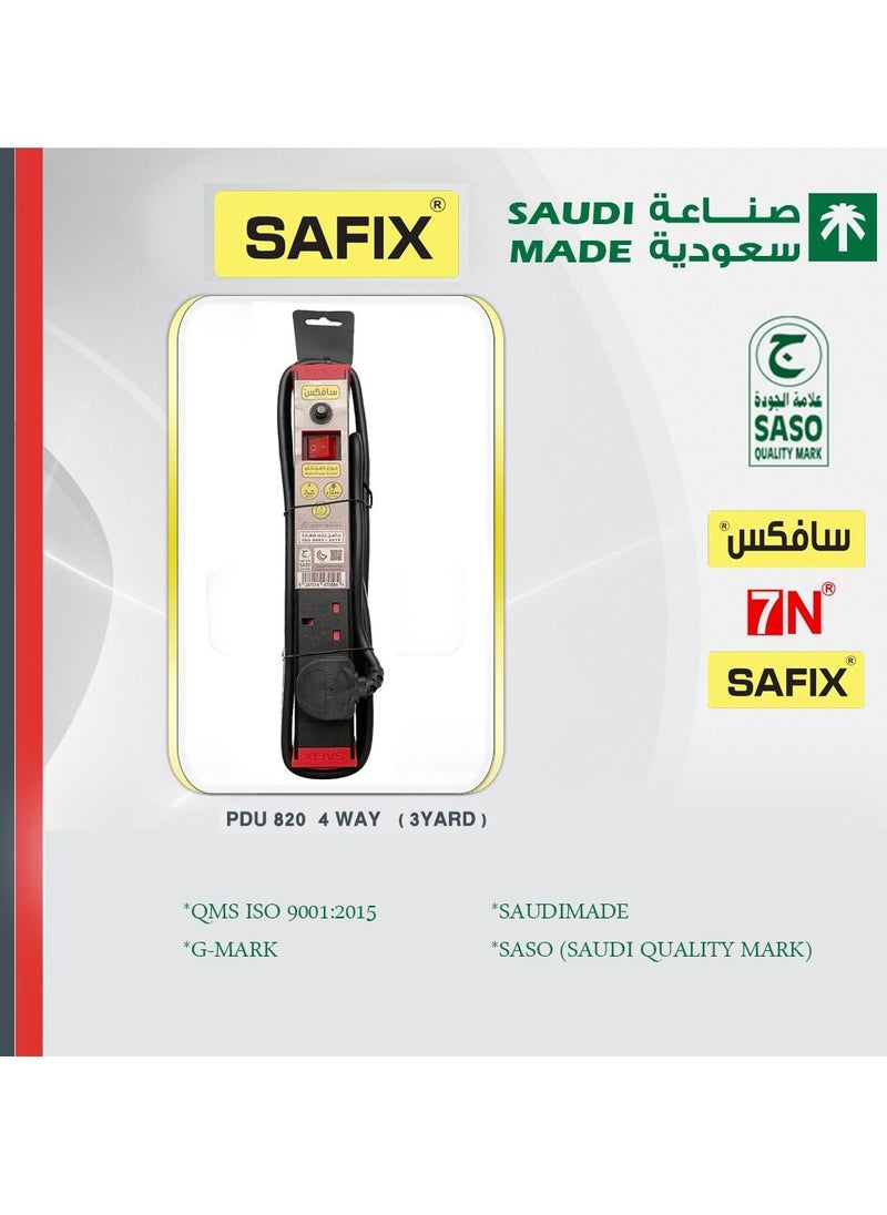 Safix سلك تمديد طاقة 3 ياردة، قابس متعدد مع شريط طاقة 4 اتجاهات ومفتاح تشغيل وإيقاف، أسود أحمر، صناعة سعودية  - Image 2