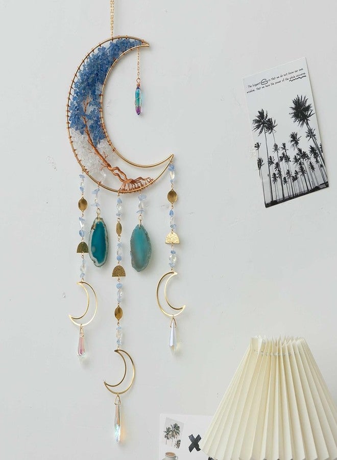 Dreamsum Agate Moon Dream Catchers with Crystal 7 Chakra Gemstone Dream Catchers Color Natural Gem Agate Wall Hangings Room Garden Dreamcatchers Decor (Blue) - Image 2