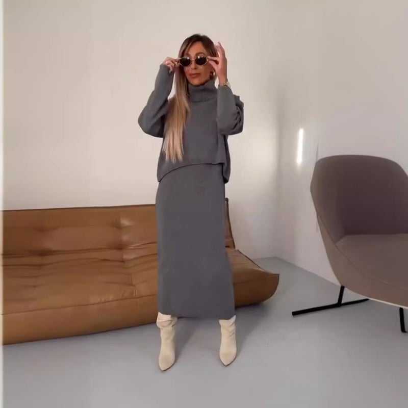 New Sweater Dress Turtleneck Long Dress Two-Piece Set Solid Color Knitted Dress - Image 3