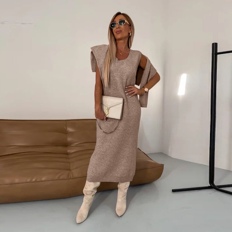 New Sweater Dress Turtleneck Long Dress Two-Piece Set Solid Color Knitted Dress - Image 4