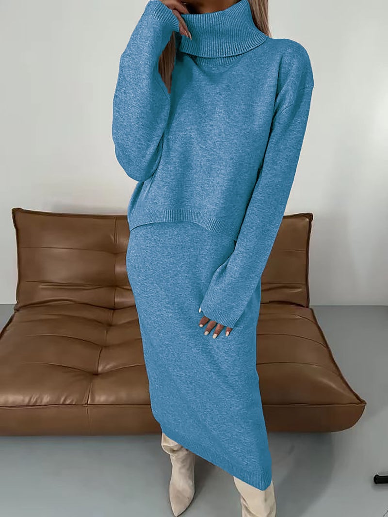 New Sweater Dress Turtleneck Long Dress Two-Piece Set Solid Color Knitted Dress - Image 1