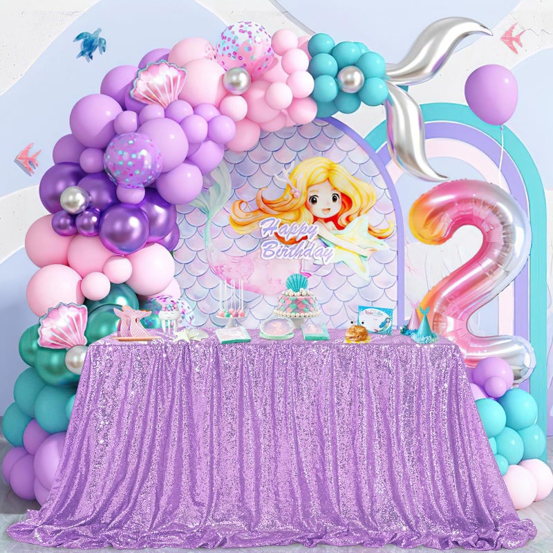 QueenDream Lilac Sequin Tablecloth 60""x102"" Mermaid Tablecloth Lavender Glitter Tablecloth for Wedding Birthday Baby Shower Mermaid Decorations - Image 1