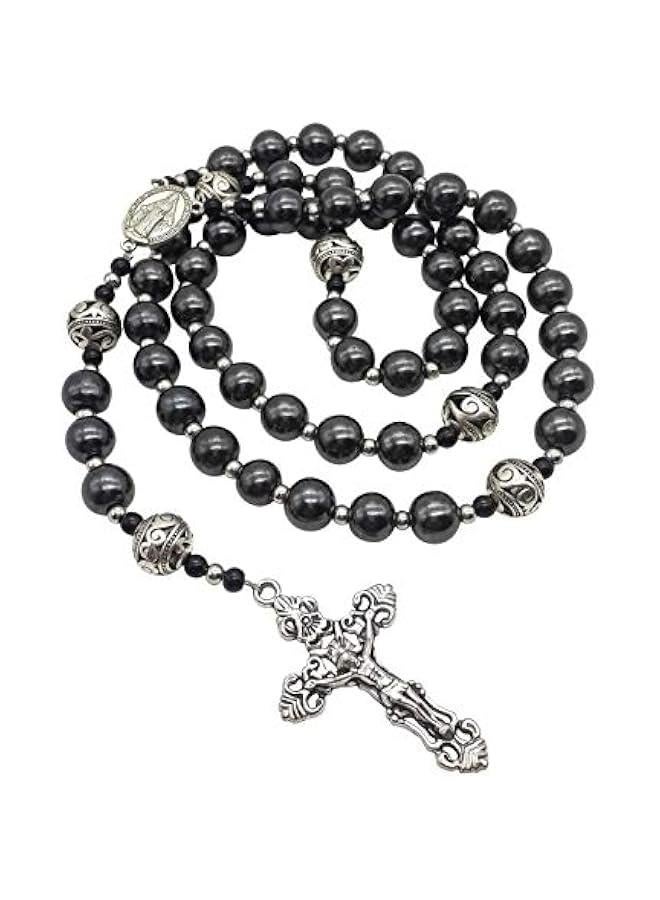 Arabest Hematite Rosary Black Stone Beads Necklace Metal Beaded Miraculous Medal & Cross Rosary For Men and Womens NS - Image 3