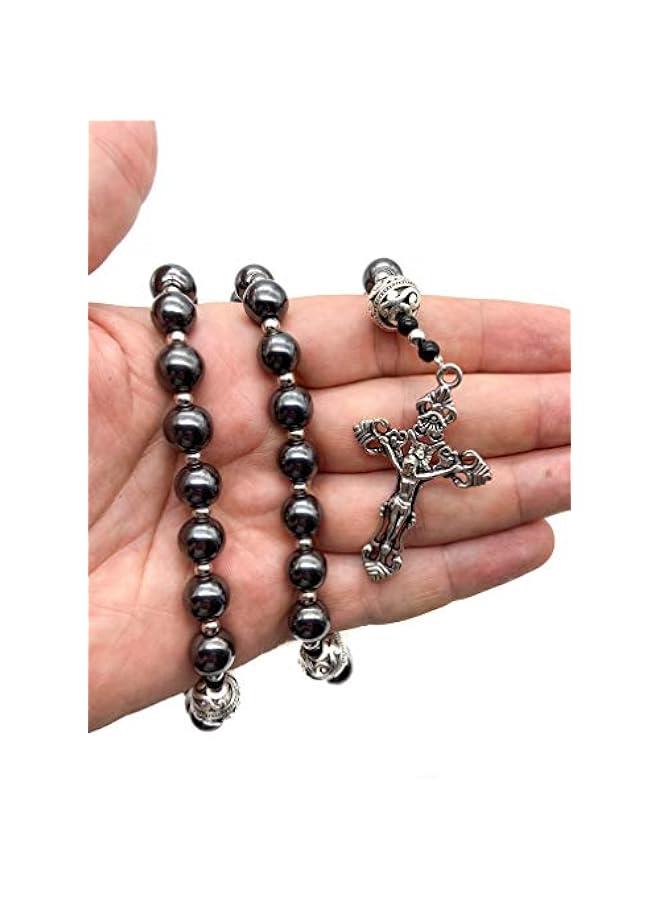 Arabest Hematite Rosary Black Stone Beads Necklace Metal Beaded Miraculous Medal & Cross Rosary For Men and Womens NS - Image 2