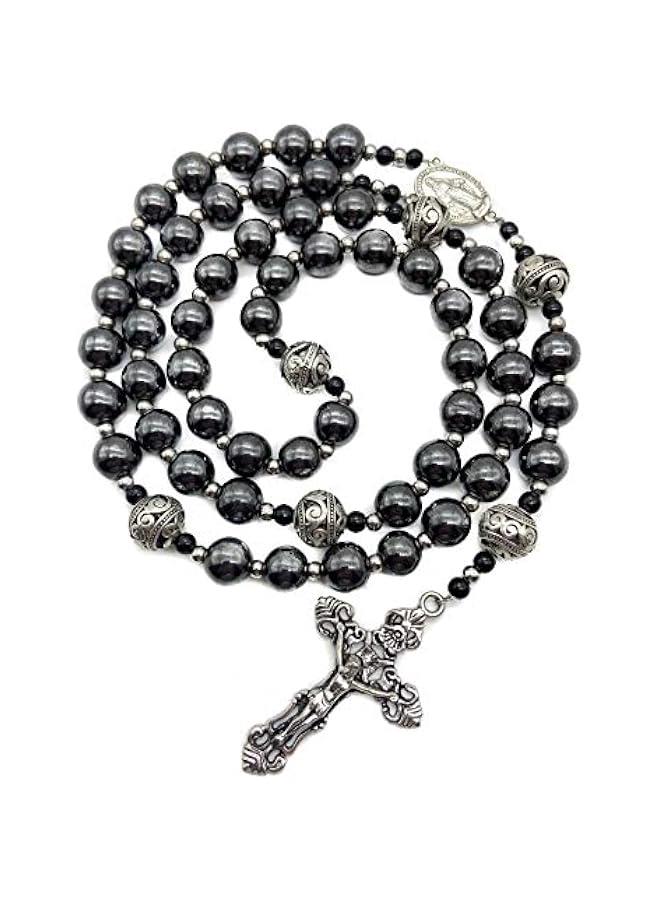 Arabest Hematite Rosary Black Stone Beads Necklace Metal Beaded Miraculous Medal & Cross Rosary For Men and Womens NS - Image 1