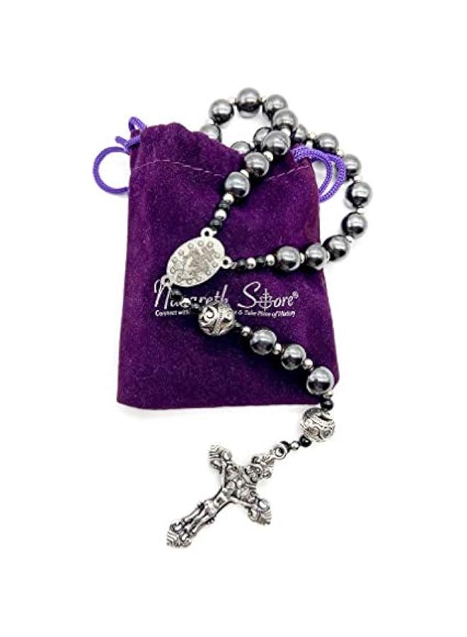 Arabest Hematite Rosary Black Stone Beads Necklace Metal Beaded Miraculous Medal & Cross Rosary For Men and Womens NS - Image 4