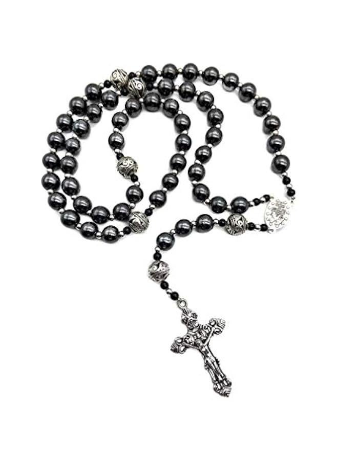Arabest Hematite Rosary Black Stone Beads Necklace Metal Beaded Miraculous Medal & Cross Rosary For Men and Womens NS - Image 5