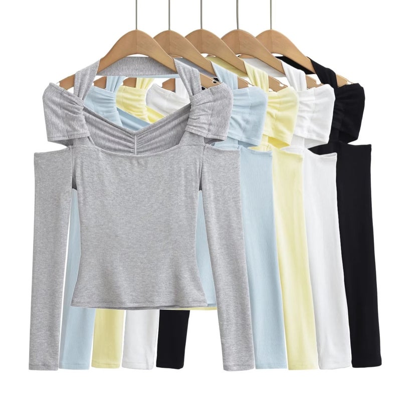 American Ins Girl Solid Color Off-The-Shoulder Halter Long Sleeve T-Shirt Women'S 2023 Autumn Short Stretch Slim Temperament Bottoming Shirt - Image 2