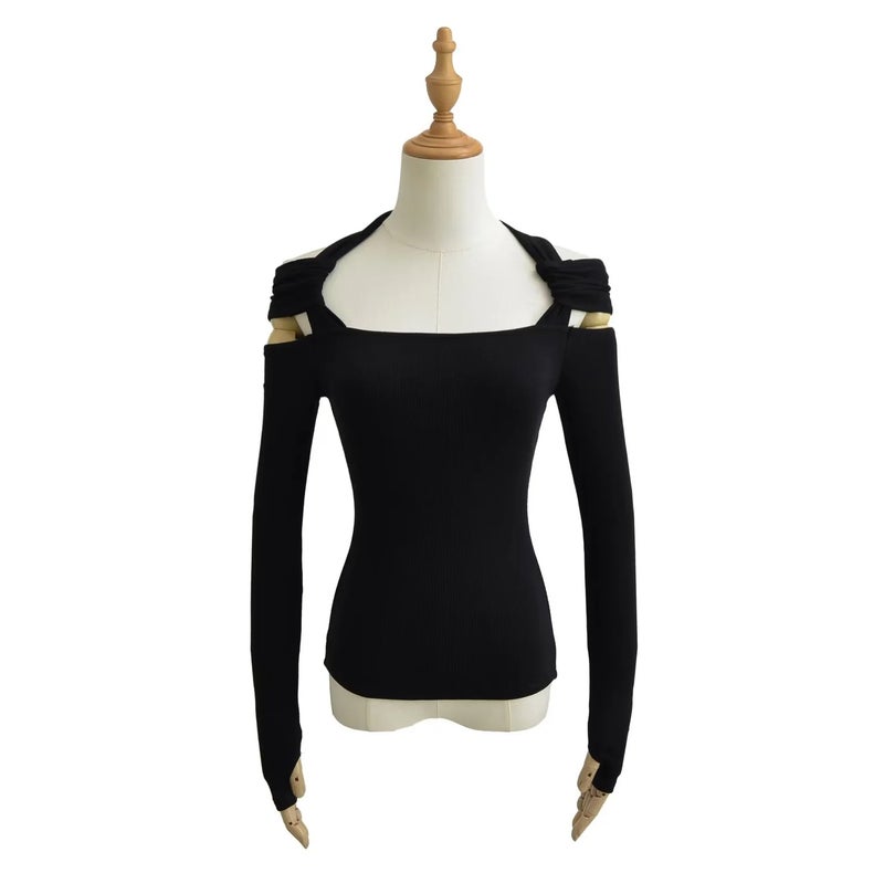 American Ins Girl Solid Color Off-The-Shoulder Halter Long Sleeve T-Shirt Women'S 2023 Autumn Short Stretch Slim Temperament Bottoming Shirt - Image 4