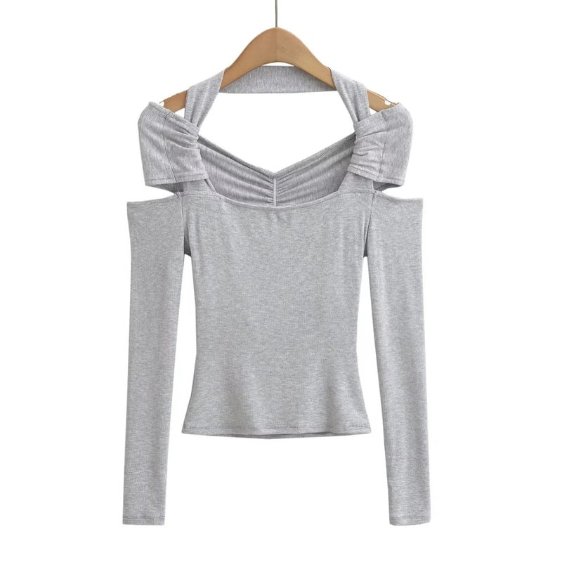 American Ins Girl Solid Color Off-The-Shoulder Halter Long Sleeve T-Shirt Women'S 2023 Autumn Short Stretch Slim Temperament Bottoming Shirt - Image 1