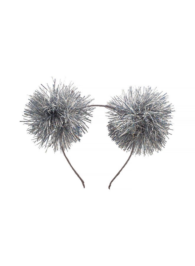 LUX ACCESSORIES Foil Strips Pom Poms Style Cat Ears Fashion Headband (SILVER) - Image 1