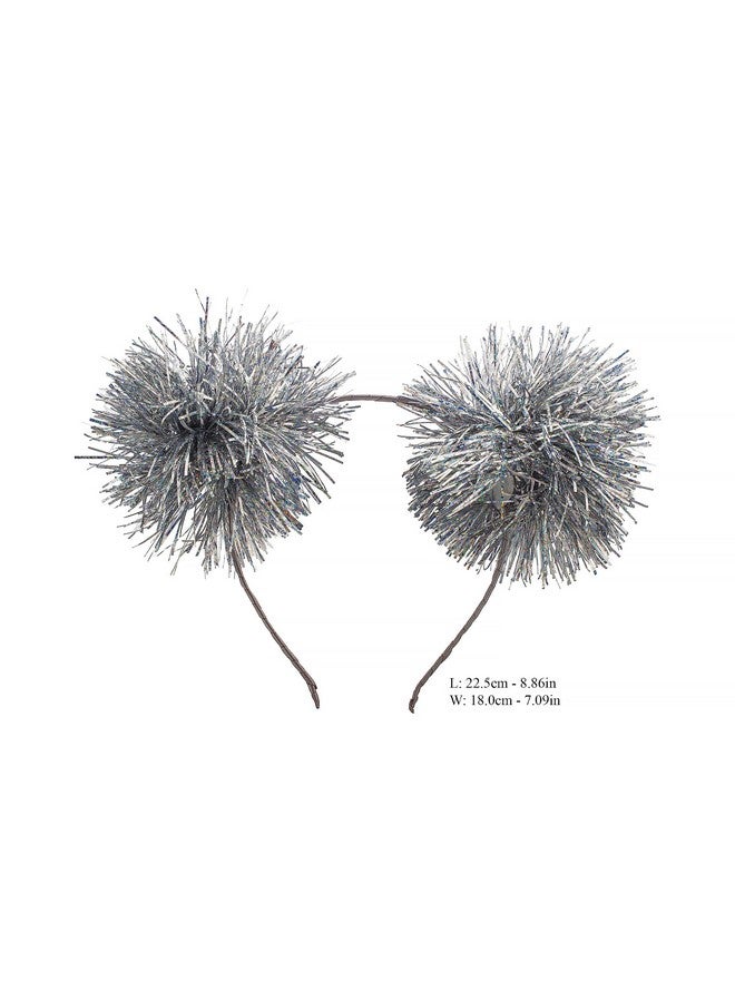 LUX ACCESSORIES Foil Strips Pom Poms Style Cat Ears Fashion Headband (SILVER) - Image 3