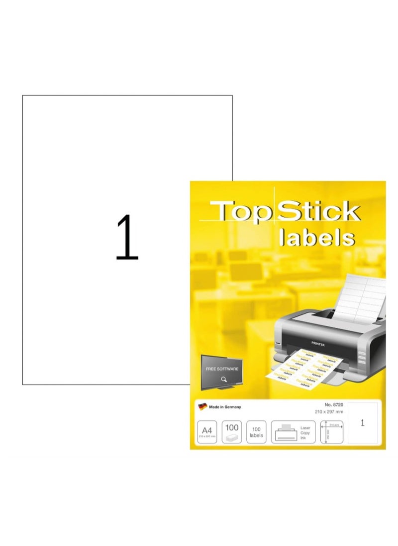 Generic Topstick Self Adhesive Multipurpose Labels 1 Label Per Sheet A4 100 For Laser & Inkjet Printers Large 210 x 297mm 8720  - Image 1