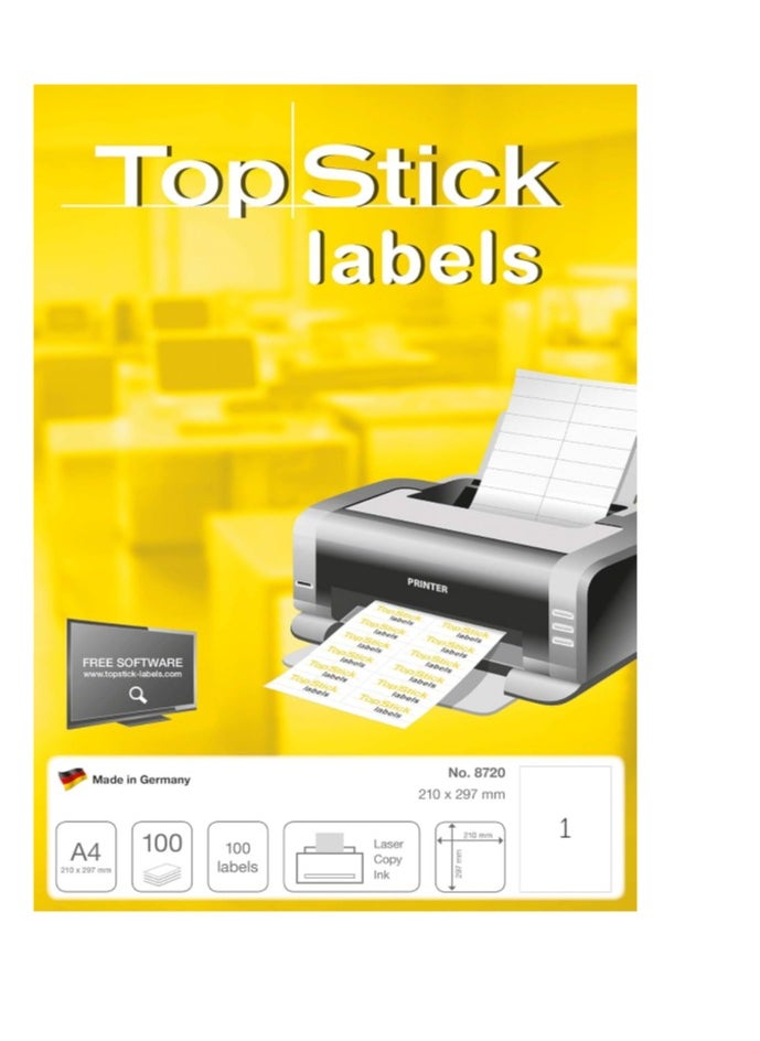 Generic Topstick Self Adhesive Multipurpose Labels 1 Label Per Sheet A4 100 For Laser & Inkjet Printers Large 210 x 297mm 8720  - Image 2