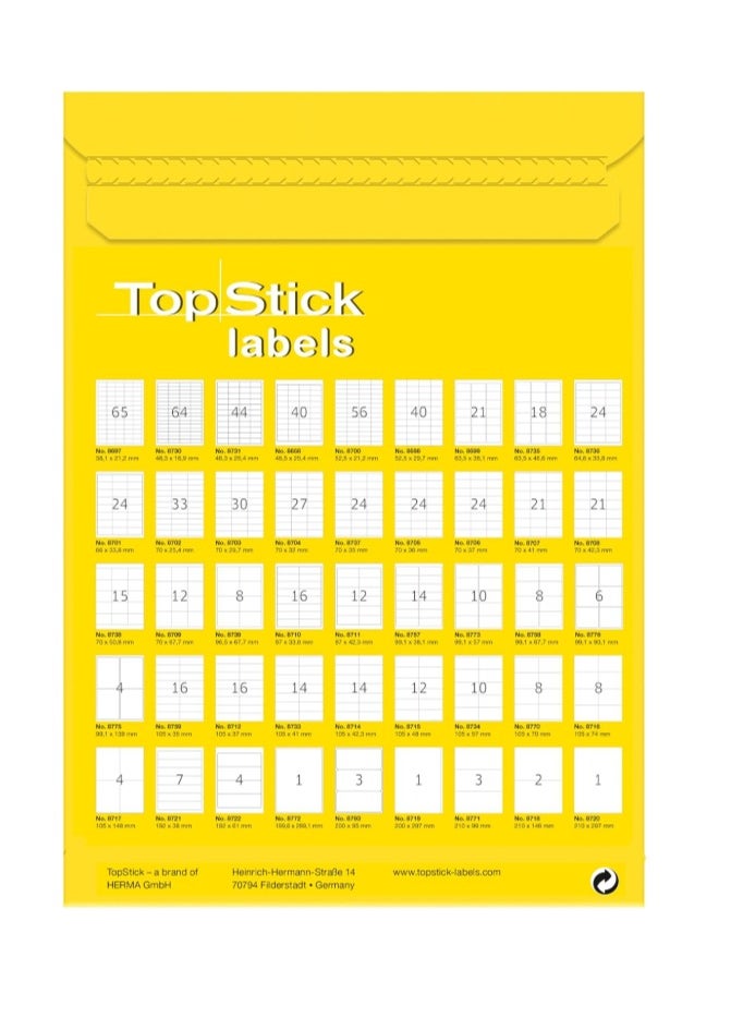 Topstick Self Adhesive Multipurpose Labels 1 Label Per Sheet A4 100 For Laser & Inkjet Printers Large 210 x 297mm 8720