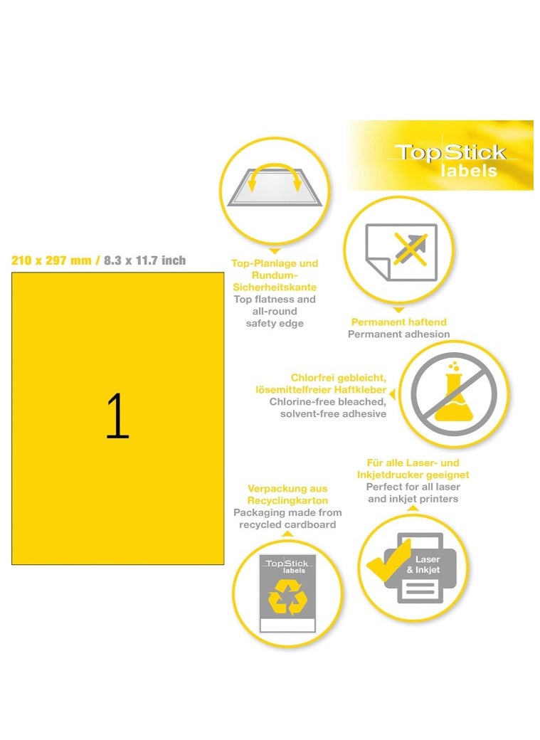 Topstick Self Adhesive Multipurpose Labels 1 Label Per Sheet A4 100 For Laser & Inkjet Printers Large 210 x 297mm 8720