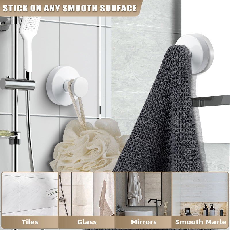 Fenas Suction Cup Hooks for Shower No-Drill Bathroom Hooks for Towels, Robes, Loofah Mountable on Bathroom Walls, Kitchen, Glass, Mirrors, Tile and Smooth,Non-Porous Surfaces (4, White) - Image 3