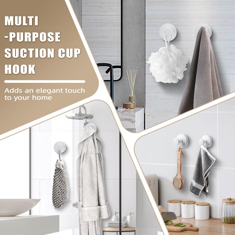 Fenas Suction Cup Hooks for Shower No-Drill Bathroom Hooks for Towels, Robes, Loofah Mountable on Bathroom Walls, Kitchen, Glass, Mirrors, Tile and Smooth,Non-Porous Surfaces (4, White) - Image 2