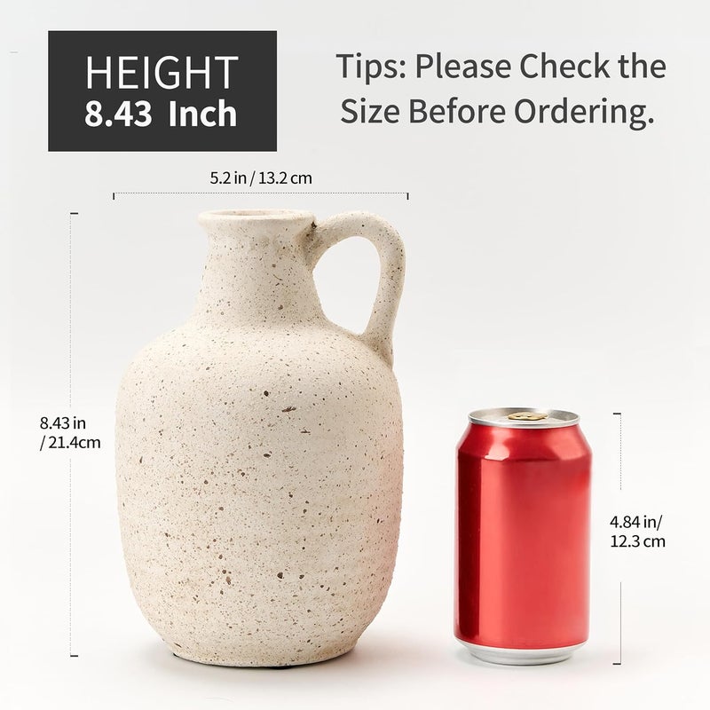 SIDUCAL Rustic Ceramic Farmhouse Flower Vase with 1 Handle-Height 8.43" Terracotta Vase, Unique Textured Pottery Flower Vases for Home Decor, Table, Wedding, Living Room, Shelf Decor, Speckled White - Image 3