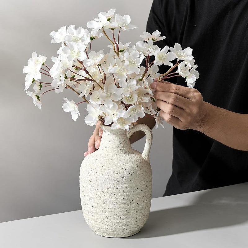 SIDUCAL Rustic Ceramic Farmhouse Flower Vase with 1 Handle-Height 8.43" Terracotta Vase, Unique Textured Pottery Flower Vases for Home Decor, Table, Wedding, Living Room, Shelf Decor, Speckled White - Image 4