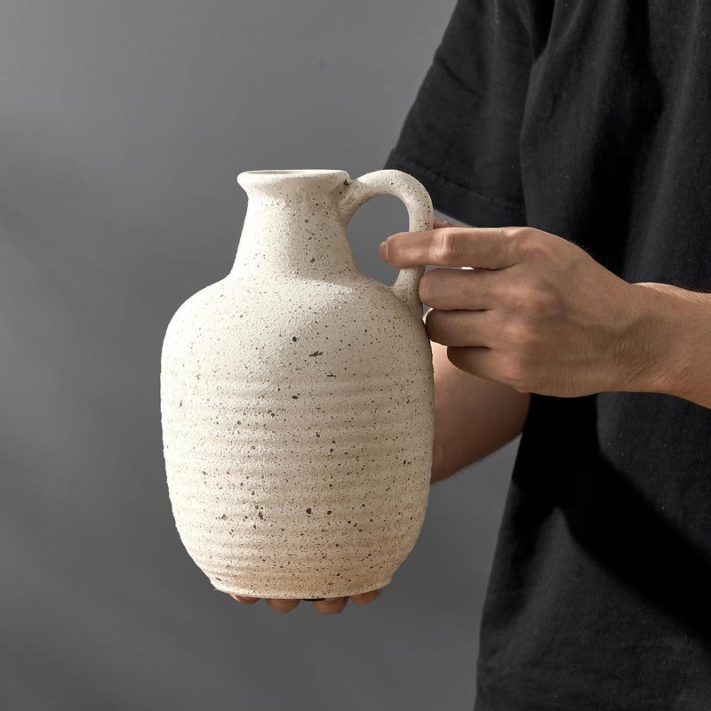 SIDUCAL Rustic Ceramic Farmhouse Flower Vase with 1 Handle-Height 8.43" Terracotta Vase, Unique Textured Pottery Flower Vases for Home Decor, Table, Wedding, Living Room, Shelf Decor, Speckled White - Image 5