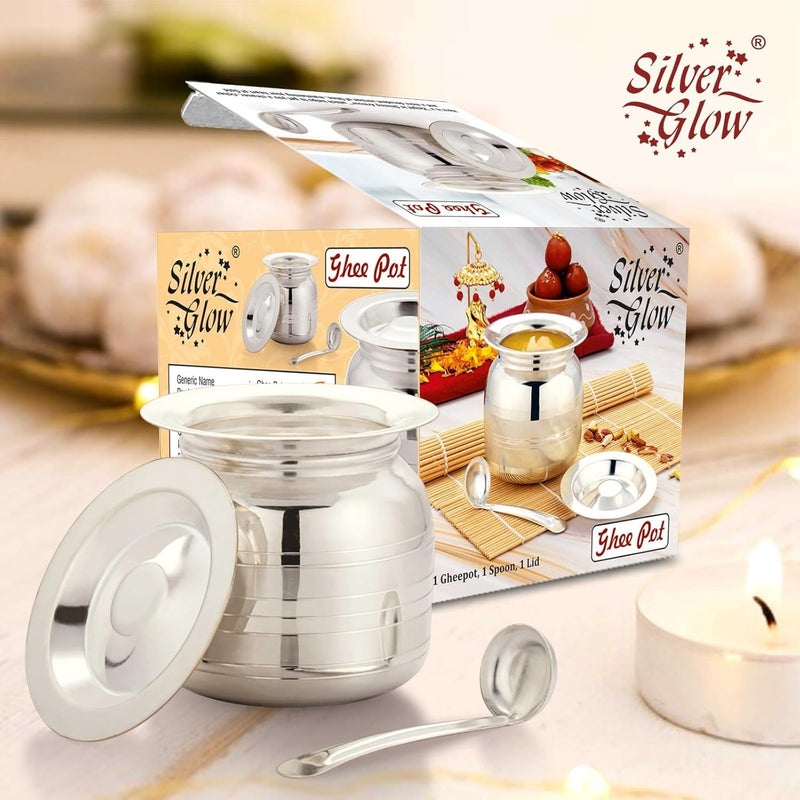 Silver Glow طقم وعاء زيت وغيي فضي من الفولاذ المقاوم للصدأ 102 مع ملعقة وغطاء - Image 3