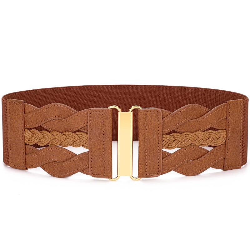SANSTHS Vintage Stretchy Belt for Women, Womens Wide Elastic Belts for Dresses Coats, Fashion Womens Belts with Gold Buckle, Brown M - Image 1