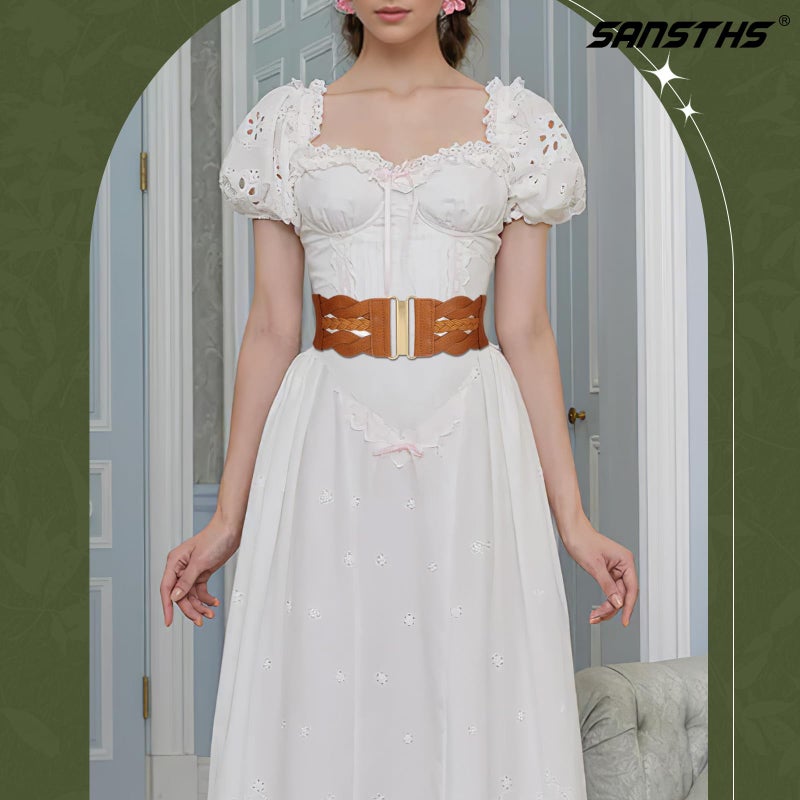 SANSTHS Vintage Stretchy Belt for Women, Womens Wide Elastic Belts for Dresses Coats, Fashion Womens Belts with Gold Buckle, Brown M - Image 3