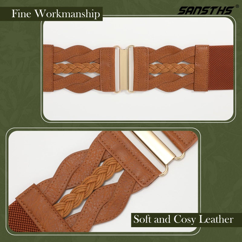 SANSTHS Vintage Stretchy Belt for Women, Womens Wide Elastic Belts for Dresses Coats, Fashion Womens Belts with Gold Buckle, Brown M - Image 4