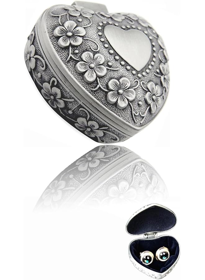 The Bros Classic Vintage Antique Heart-Shaped Jewelry Box - Ring and Small Trinket Storage Organizer Chest - Ideal Gift in Silver - Image 1