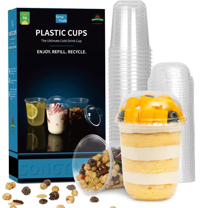Songtaste 50 Pcs Disposable Plastic Cups8 Oz Clear Plastic Parfait Cups with Dome LidsNo Hole Dessert Yogurt Fruit Cups for Kids Take Away Breakfast and Snacks Cold Drinks Ice Cream Fruit Iced