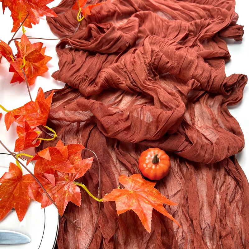 Booque Valley Fall Table Runner 3 Pack Terracotta Cheesecloth 10ft Soft Boho Wrinkled Decorative Gauze Sheer for Autumn Thanksgiving Holiday Party Centerpiece Decoration Table Decor 35x120 Inch