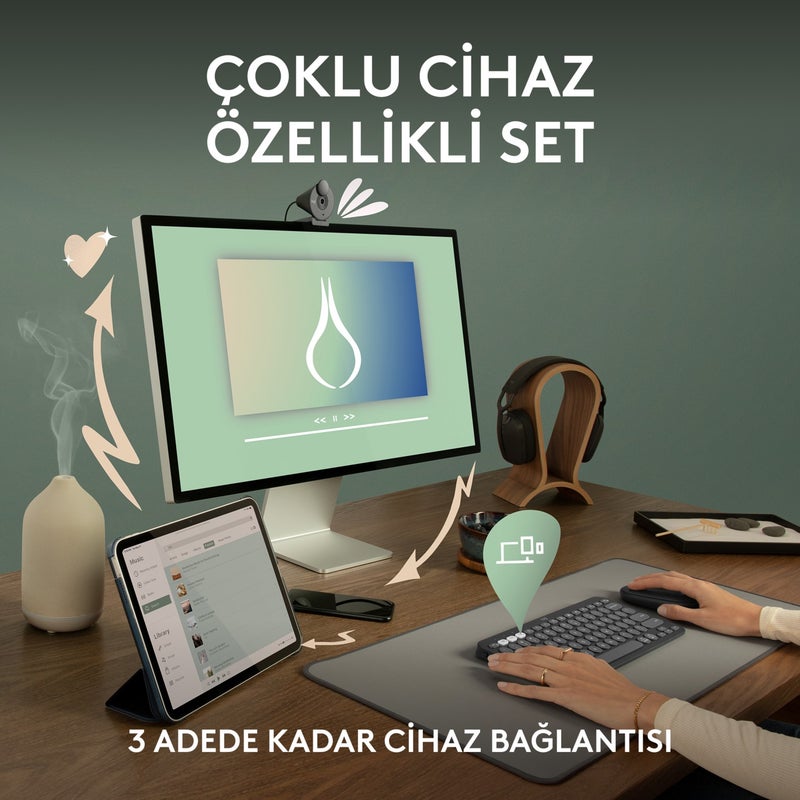 Pebble 2 Set Multi-Device Silent Wireless Turkish Q Keyboard and Mouse Set - Graphite