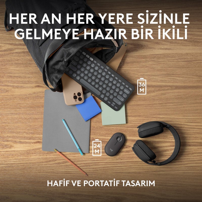 Pebble 2 Set Multi-Device Silent Wireless Turkish Q Keyboard and Mouse Set - Graphite