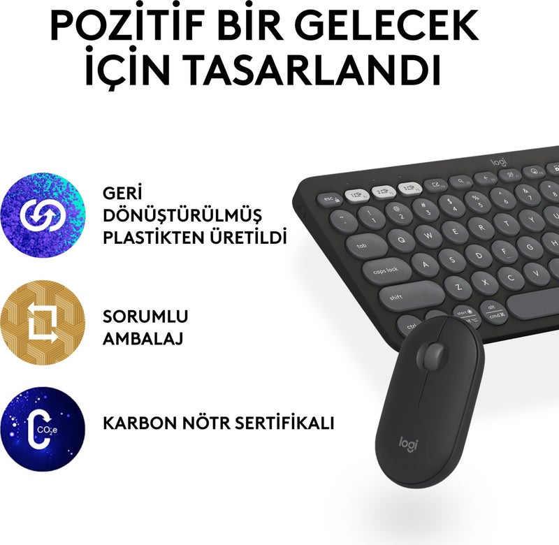 Pebble 2 Set Multi-Device Silent Wireless Turkish Q Keyboard and Mouse Set - Graphite