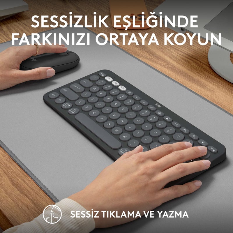 Pebble 2 Set Multi-Device Silent Wireless Turkish Q Keyboard and Mouse Set - Graphite