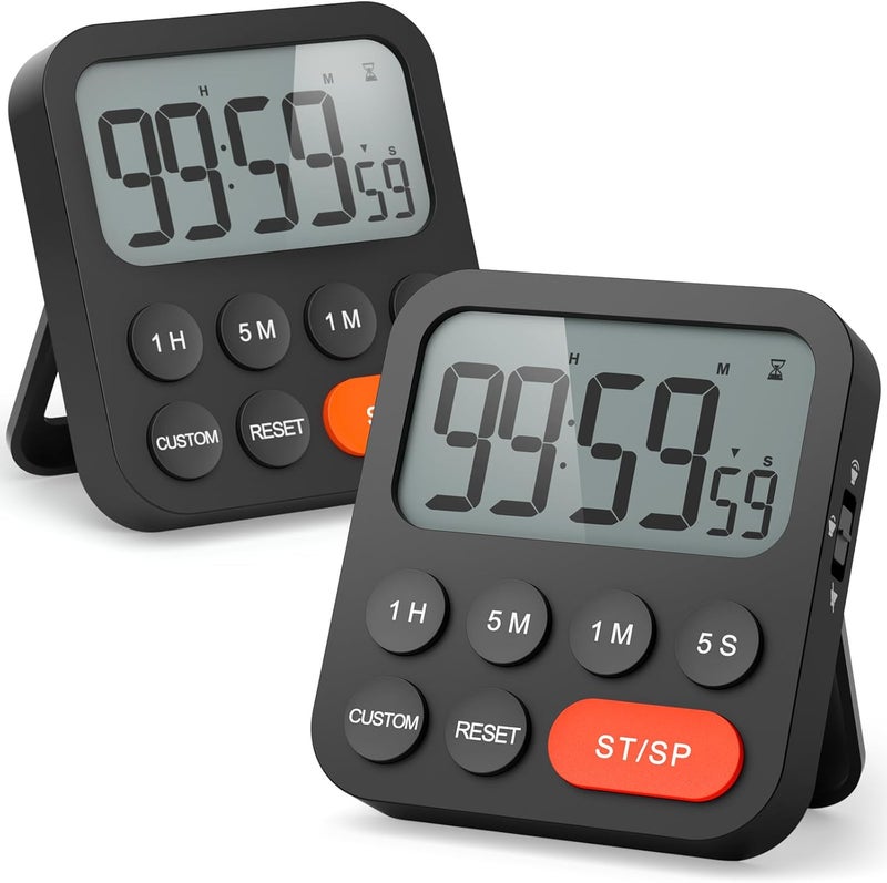 Digital Kitchen Timer Magnetic Stopwatch Timer with Clock, Magnet, 3-Level Volume, LCD Display for Cooking, Sports, Study, 2 AAA Batteries Included