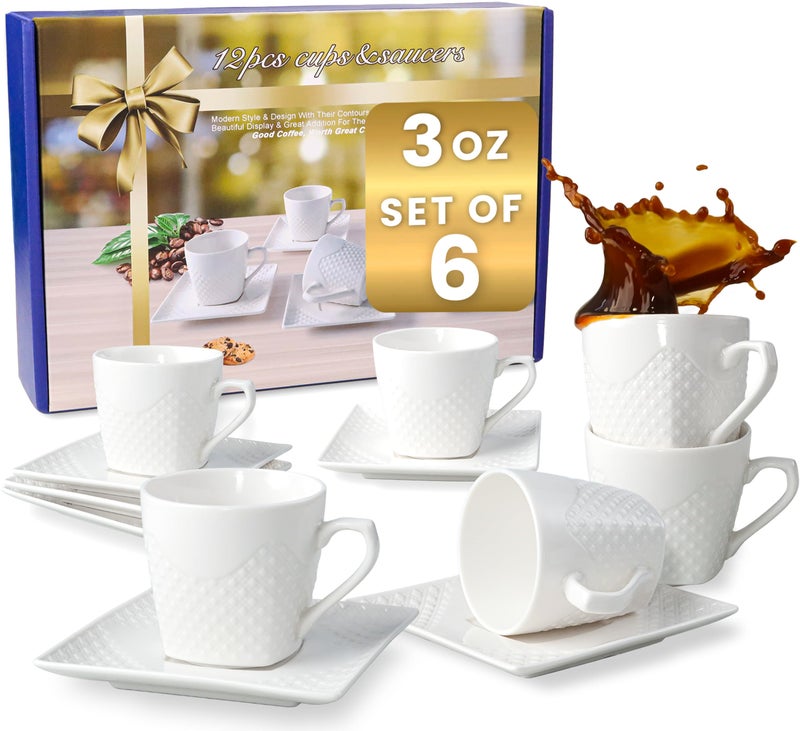 FUOCCI Espresso Cups With Saucer  Turkish Coffee Cup Small Modern Embossed Porcelain for Coffee Expresso Cuban Arabic Elegant Tazas de Caf Modernas Bonitas White 3 oz  90 ml Set of 6