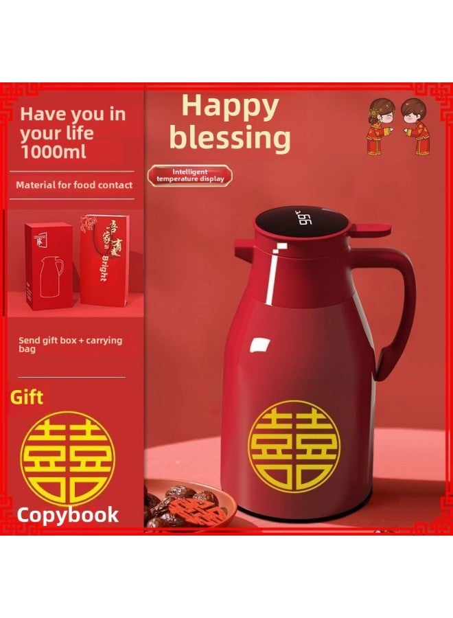 Wedding Special Thermos Bottle Gift Suit Wedding Thermos Bottle For New Couple Household Hot Water Bottle Gift Thermos-Colour:Chinese Red 1l Digital Display Thermos Kettle + Color Box + Handbag + Happy Word-Capacity:2L-1L - Image 1