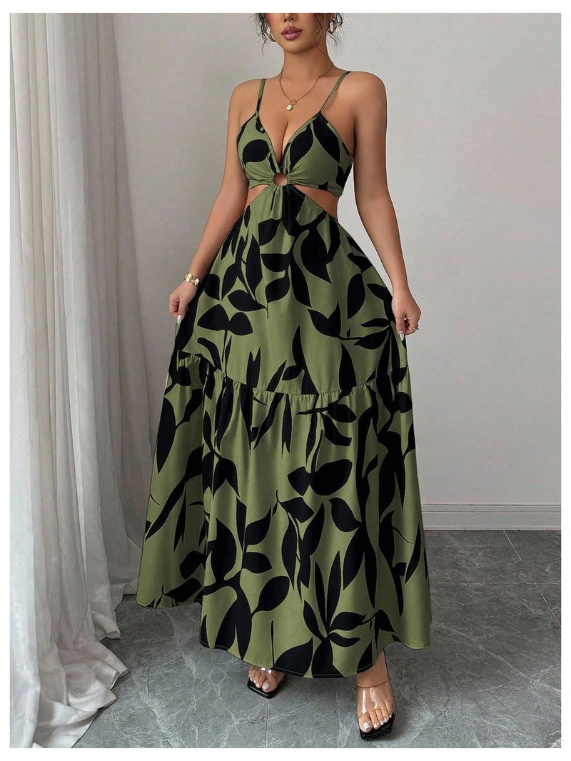 Floerns Women's Cut Out Tie Back Boho Maxi Dress Spaghetti Strap Beach Vacation Tiered Long Dresses Army Green Large - Image 4