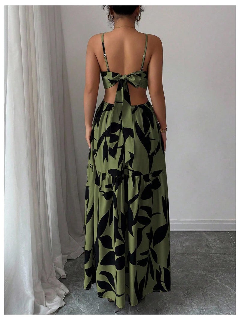 Floerns Women's Cut Out Tie Back Boho Maxi Dress Spaghetti Strap Beach Vacation Tiered Long Dresses Army Green Large - Image 3