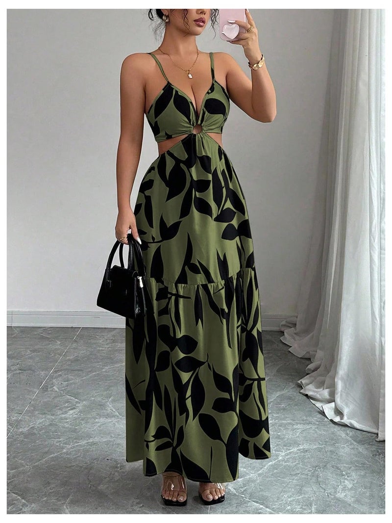 Floerns Women's Cut Out Tie Back Boho Maxi Dress Spaghetti Strap Beach Vacation Tiered Long Dresses Army Green Large - Image 5
