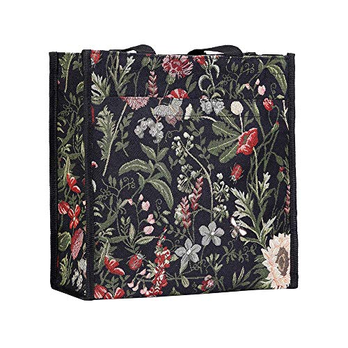 Signare Black Floral Shoulder Tote Shopping Bag with Sunflower Poppy Dragonfly Butterfly (SHOP-MGDBK) - Image 1