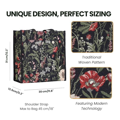 Signare Black Floral Shoulder Tote Shopping Bag with Sunflower Poppy Dragonfly Butterfly (SHOP-MGDBK) - Image 4
