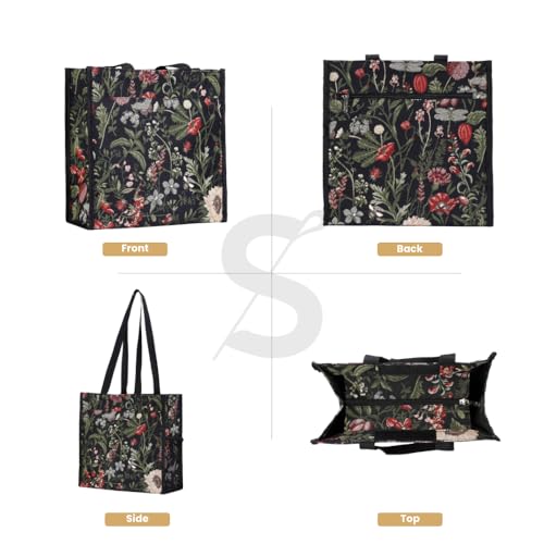 Signare Black Floral Shoulder Tote Shopping Bag with Sunflower Poppy Dragonfly Butterfly (SHOP-MGDBK) - Image 3
