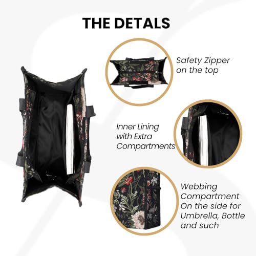 Signare Black Floral Shoulder Tote Shopping Bag with Sunflower Poppy Dragonfly Butterfly (SHOP-MGDBK) - Image 5