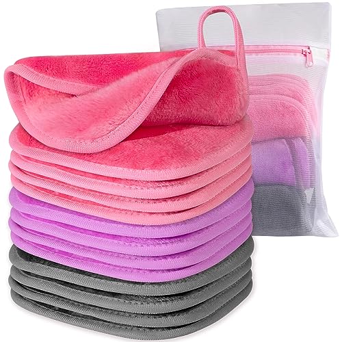 Natwag Makeup Remover Cloth, 6" x 6" Make Up Towels Reusable Face Cloth for Washing Face, 12 Pack Makeup Remover Pads Microfiber Face Washcloth with Mesh Bag, Just Water, Grey/Purple/Pink - Image 1